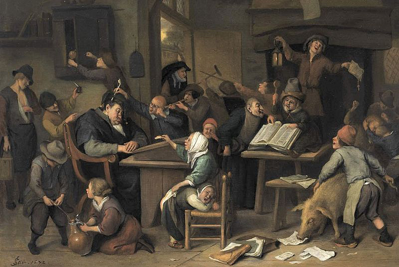 A school class with a sleeping schoolmaster, oil on panel painting by Jan Steen, 1672